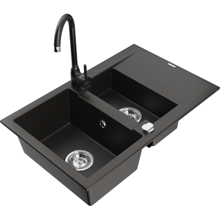 Mexen Gaspar granite sink 1.5-bowl with drainer and Telma kitchen tap, black/gold - 6507-75-670200-70