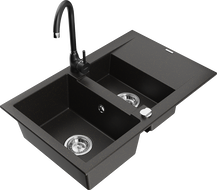 Mexen Gaspar granite sink 1.5-bowl with drainer and Telma kitchen faucet, black/gold - 6507-75-670200-70