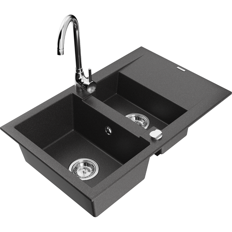 Mexen Gaspar granite sink 1.5-bowl with drainer and Telma kitchen faucet, speckled black - 6507-76-670200-00