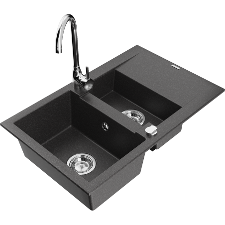 Mexen Gaspar granite sink 1.5-bowl with drainer and Telma kitchen faucet, speckled black - 6507-76-670200-00