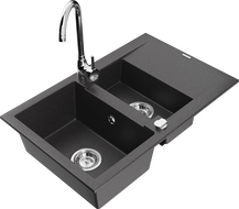 Mexen Gaspar granite sink 1.5-bowl with drainer and Telma kitchen faucet, speckled black - 6507-76-670200-00