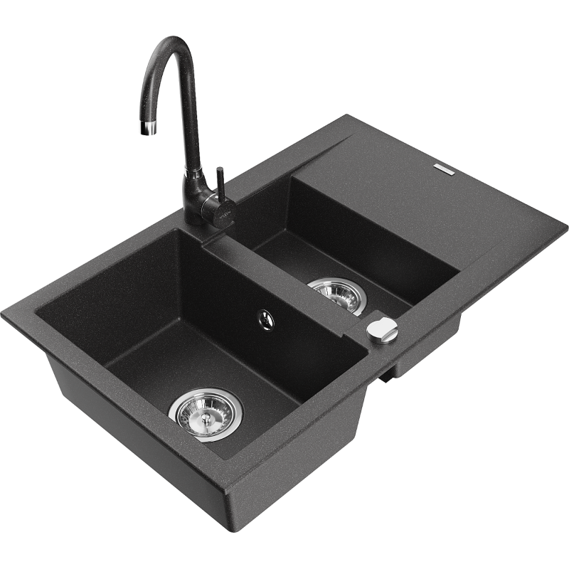 Mexen Gaspar granite sink 1.5-bowl with drainer and Telma kitchen faucet, black speckled - 6507-76-670200-76
