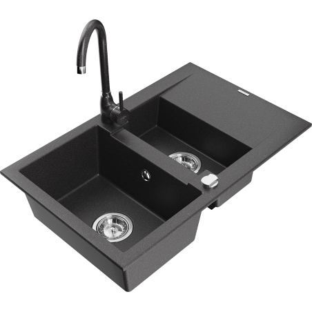 Mexen Gaspar granite sink 1.5-bowl with drainer and Telma kitchen faucet, black speckled - 6507-76-670200-76