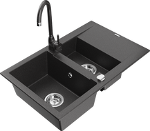 Mexen Gaspar granite sink 1.5-bowl with drainer and Telma kitchen faucet, black speckled - 6507-76-670200-76