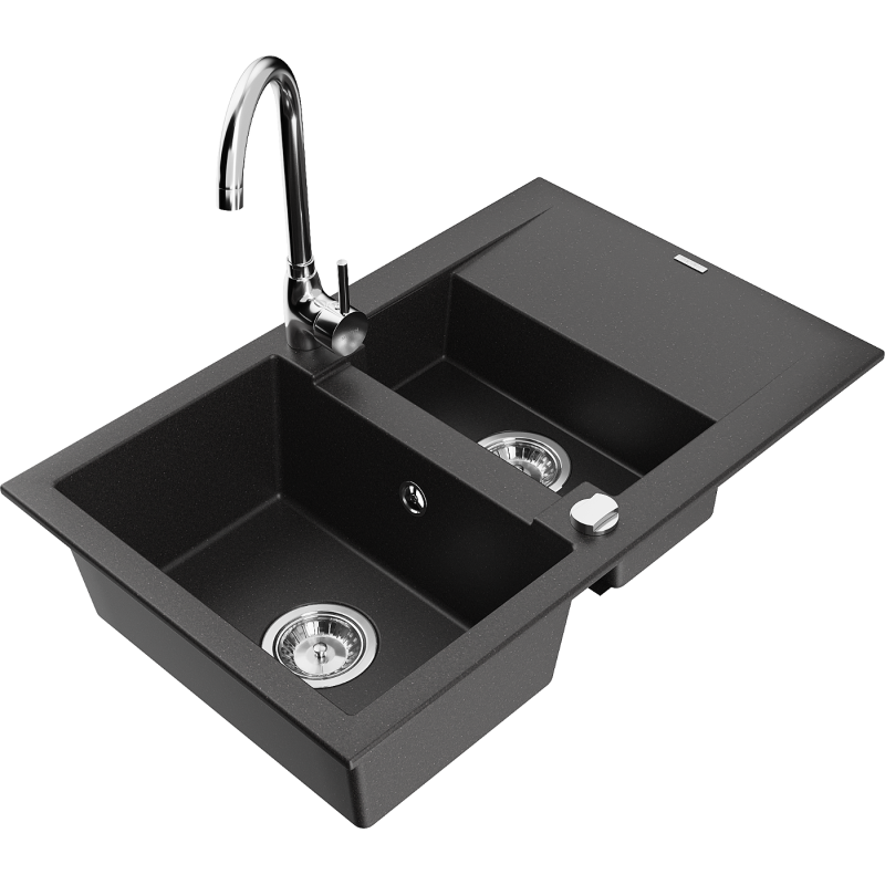 Mexen Gaspar 1.5-compartment granite sink with a drip tray and kitchen mixer tap Telma, Black - 6507-77-670200-00