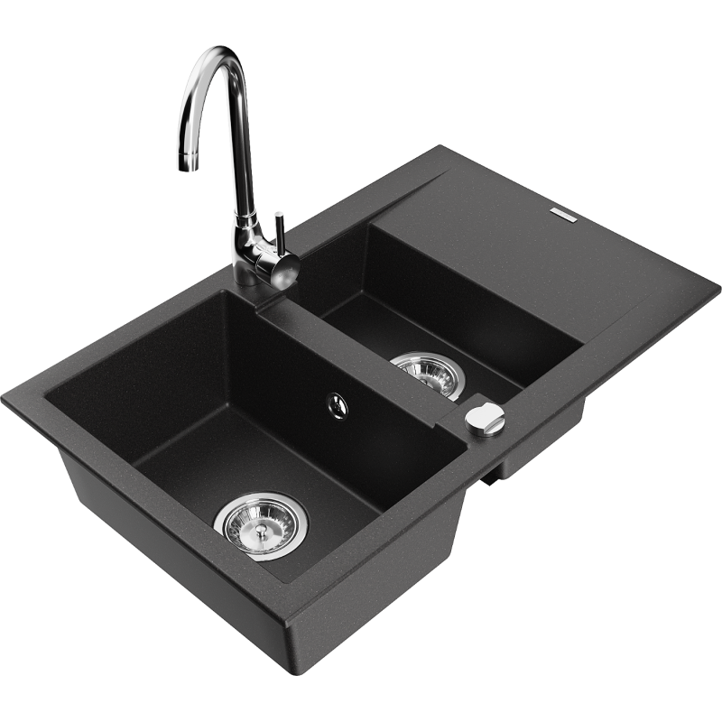 Mexen Gaspar granite sink 1.5-bowl with drainer and Telma kitchen tap, black - 6507-77-670200-00