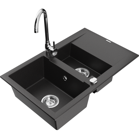 Mexen Gaspar granite kitchen sink 1.5-basin with drainer and Telma kitchen faucet, black - 6507-77-670200-00