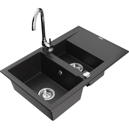 Mexen Gaspar granite sink 1.5-bowl with drainer and Telma kitchen tap, black - 6507-77-670200-00