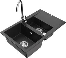 Mexen Gaspar granite kitchen sink 1.5-basin with drainer and Telma kitchen faucet, black - 6507-77-670200-00