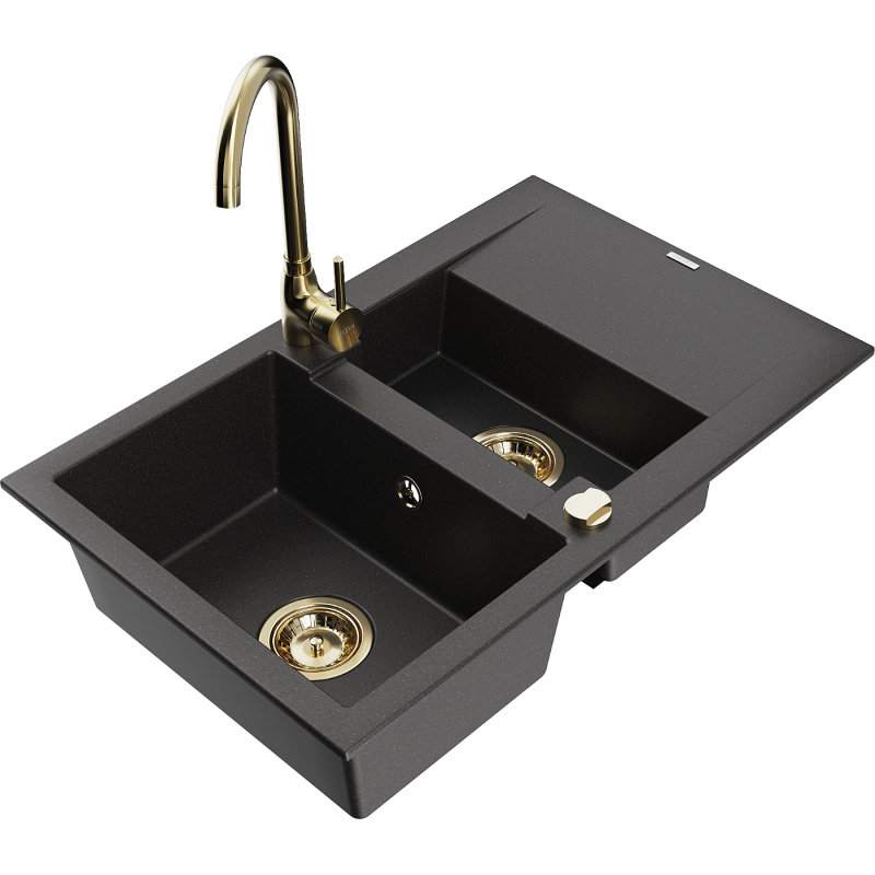Mexen Gaspar granite sink 1.5-bowl with drainer and Telma kitchen faucet, black - 6507-77-670200-50