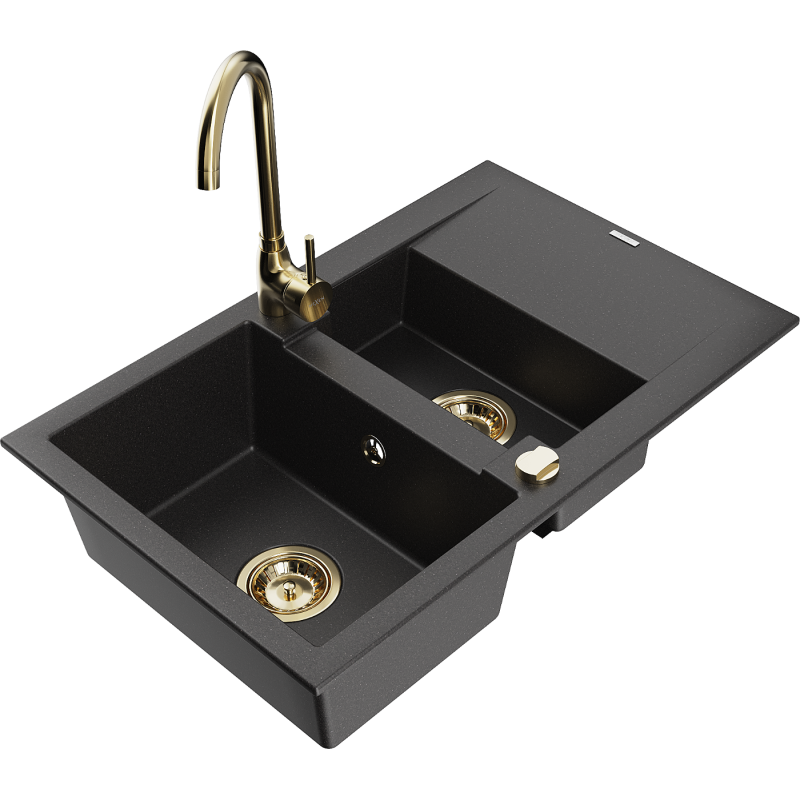 Mexen Gaspar granite sink 1.5-bowl with drainer and Telma kitchen tap, black - 6507-77-670200-50