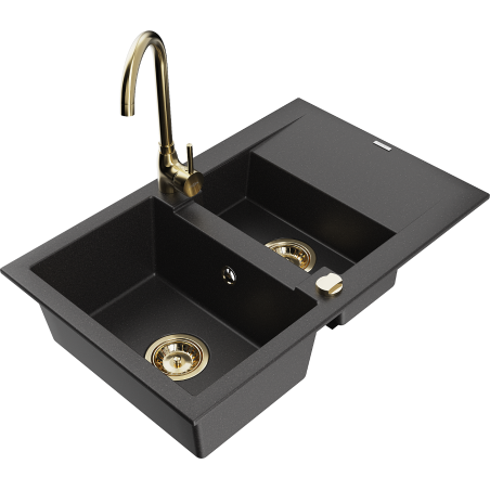 Mexen Gaspar granite sink 1.5-bowl with drainer and Telma kitchen faucet, black - 6507-77-670200-50