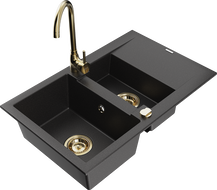 Mexen Gaspar granite sink 1.5-bowl with drainer and Telma kitchen faucet, black - 6507-77-670200-50