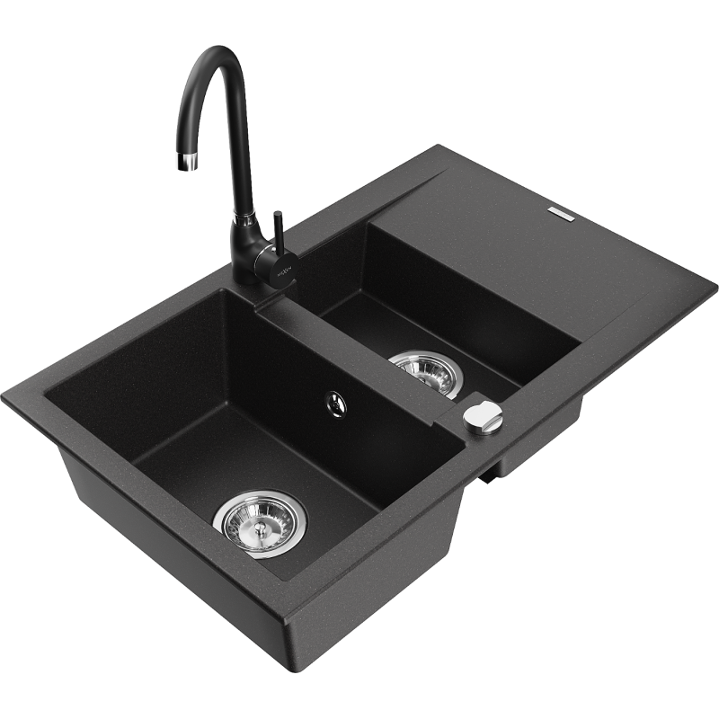 Mexen Gaspar 1.5-compartment granite sink with a drip tray and kitchen mixer tap Telma, Black - 6507-77-670200-70