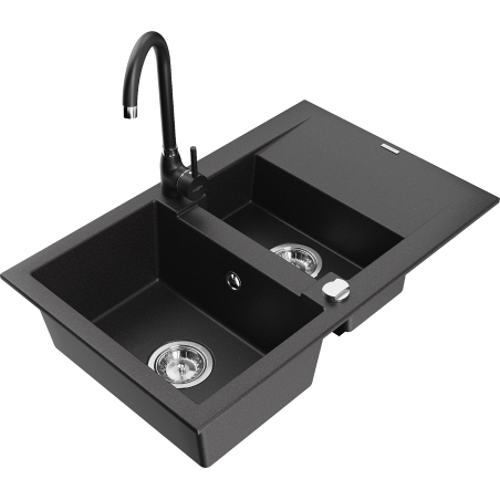 Mexen Gaspar granite kitchen sink 1.5-bowl with drainer and Telma kitchen tap, black - 6507-77-670200-70
