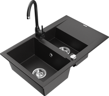 Mexen Gaspar 1.5-compartment granite sink with a drip tray and kitchen mixer tap Telma, Black - 6507-77-670200-70