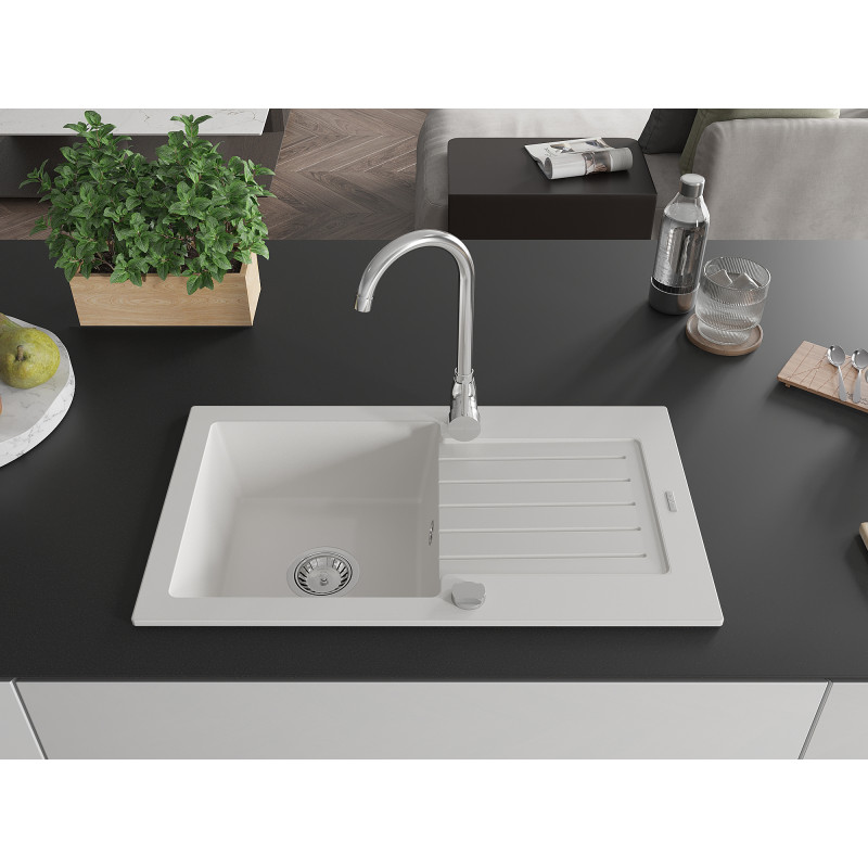 Mexen Pablo granit sink 1-bowl with drainer and Telma kitchen faucet, white - 6510-20-670200-00