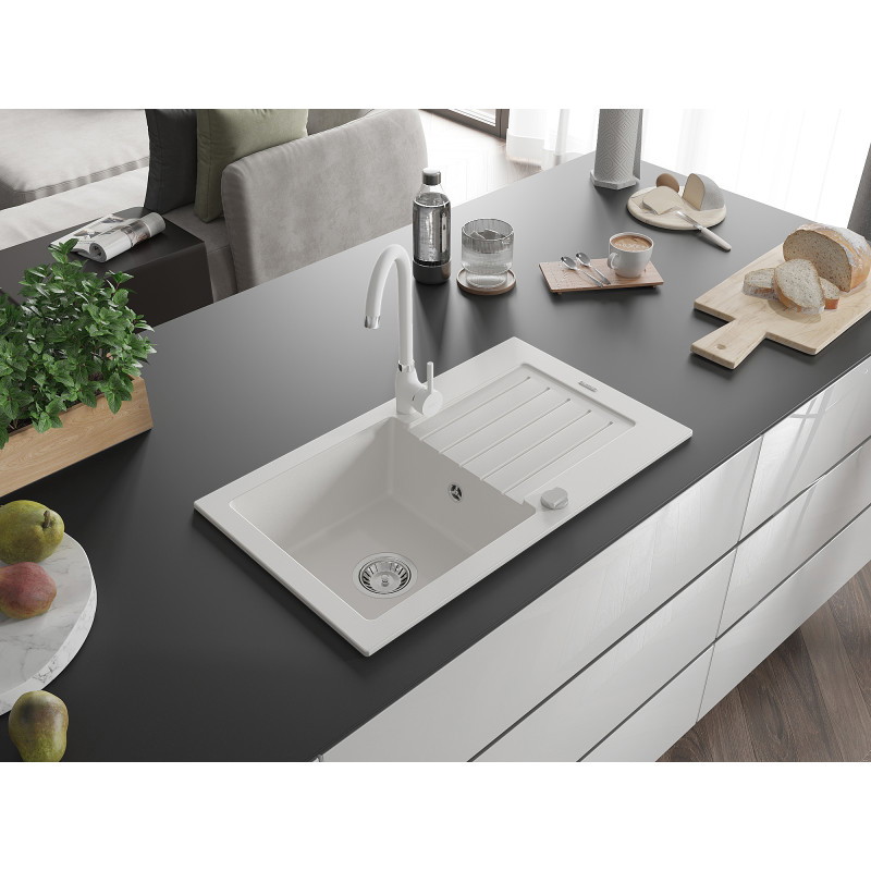 Mexen Pablo 1-Bowl Granite Sink with Drainer and Kitchen Faucet Telma, White - 6510-20-670200-20
