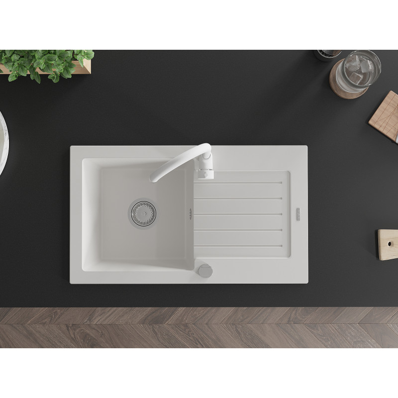 Mexen Pablo 1-Bowl Granite Sink with Drainer and Kitchen Faucet Telma, White - 6510-20-670200-20