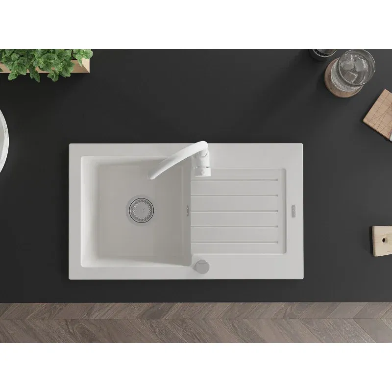 Mexen Pablo 1-bowl granite sink with drainer and Telma kitchen tap, white - 6510-20-670200-20