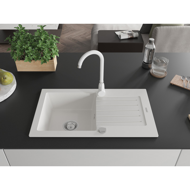Mexen Pablo 1-Bowl Granite Sink with Drainer and Kitchen Faucet Telma, White - 6510-20-670200-20