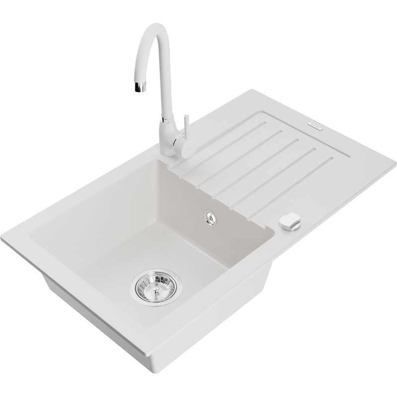 Mexen Pablo 1-compartment granite sink with a drip tray and kitchen mixer tap Telma, White - 6510-20-670200-20