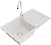 Mexen Pablo 1-Bowl Granite Sink with Drainer and Kitchen Faucet Telma, White - 6510-20-670200-20