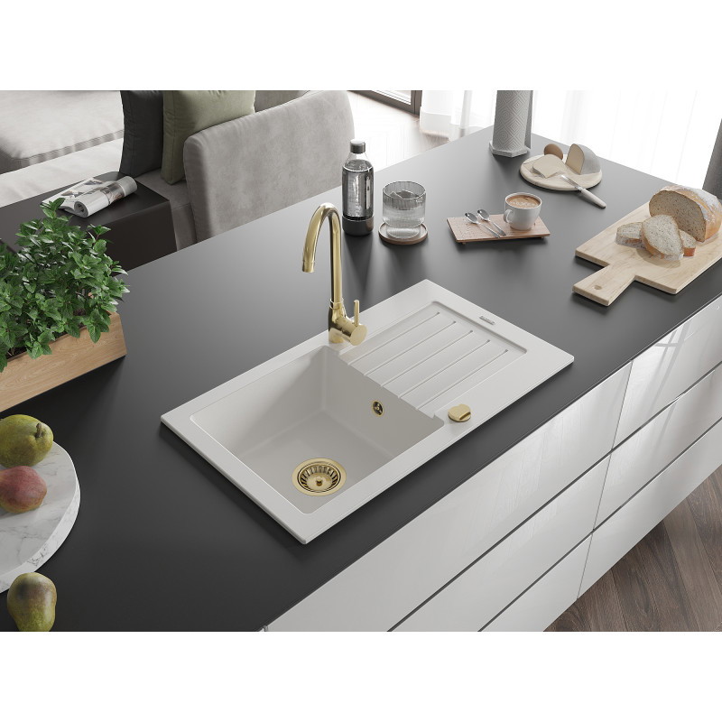 Mexen Pablo single-bowl granite sink with drainer and Telma kitchen faucet, white - 6510-20-670200-50