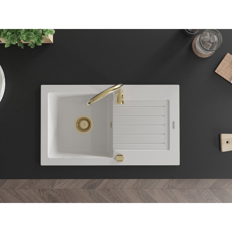 Mexen Pablo single-bowl granite sink with drainer and Telma kitchen faucet, white - 6510-20-670200-50