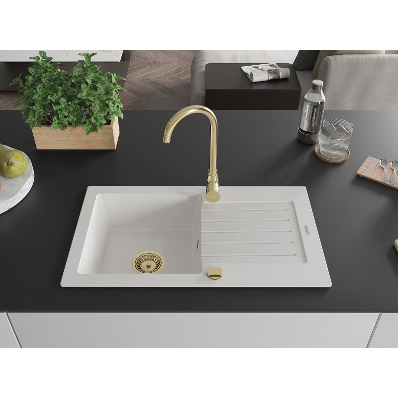 Mexen Pablo single-bowl granite sink with drainer and Telma kitchen faucet, white - 6510-20-670200-50