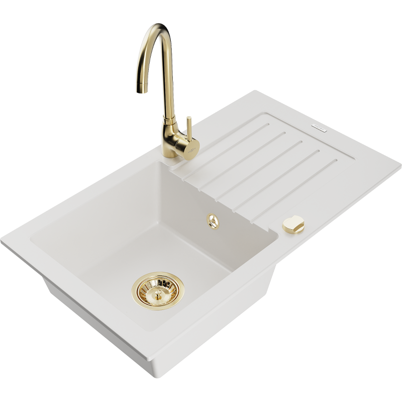 Mexen Pablo 1-compartment granite sink with a drip tray and kitchen mixer tap Telma, White - 6510-20-670200-50
