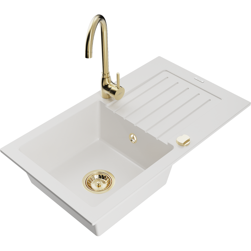 Mexen Pablo single-bowl granite sink with drainer and Telma kitchen faucet, white - 6510-20-670200-50