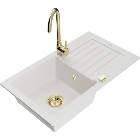 Mexen Pablo 1-compartment granite sink with a drip tray and kitchen mixer tap Telma, White - 6510-20-670200-50