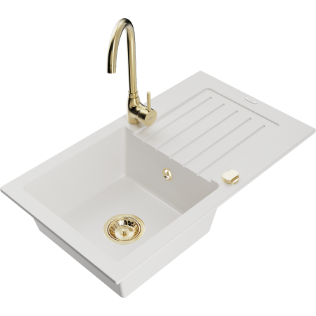 Mexen Pablo single-bowl granite sink with drainer and Telma kitchen faucet, white - 6510-20-670200-50