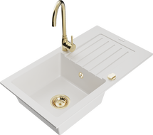 Mexen Pablo 1-compartment granite sink with a drip tray and kitchen mixer tap Telma, White - 6510-20-670200-50
