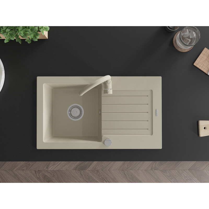 Mexen Pablo granite kitchen sink 1-bowl with drainer and Telma kitchen faucet, beige - 6510-69-670200-69