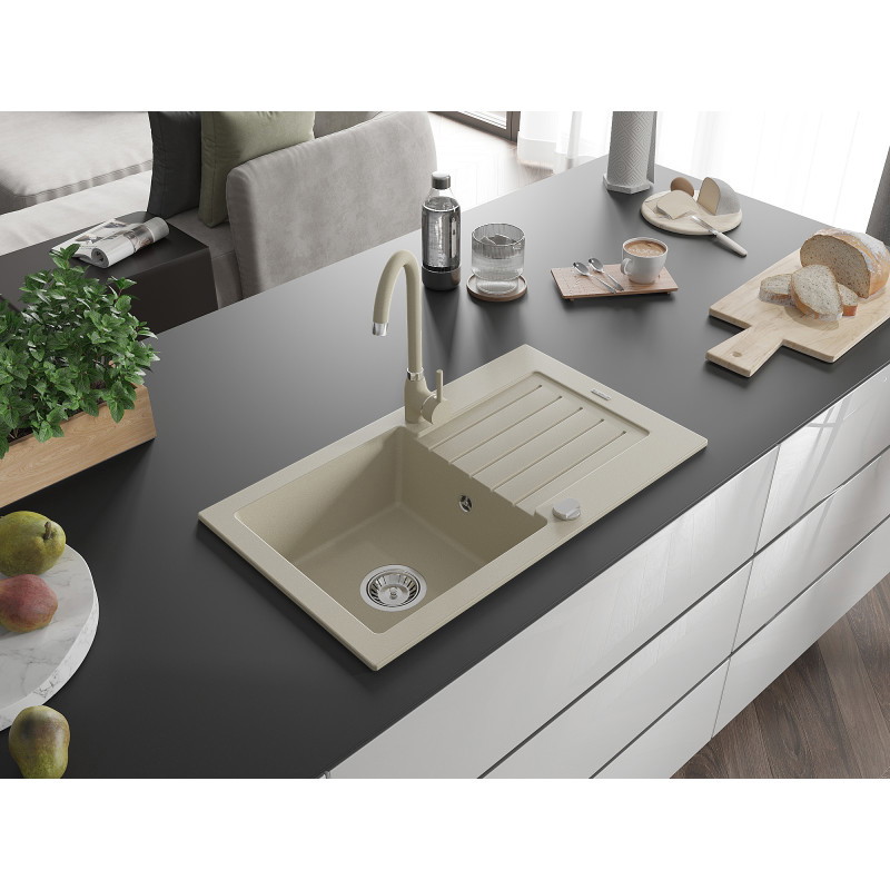 Mexen Pablo granite kitchen sink 1-bowl with drainer and Telma kitchen faucet, beige - 6510-69-670200-69