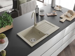 Mexen Pablo 1-compartment granite sink with a drip tray and kitchen mixer tap Telma, Beige - 6510-69-670200-69