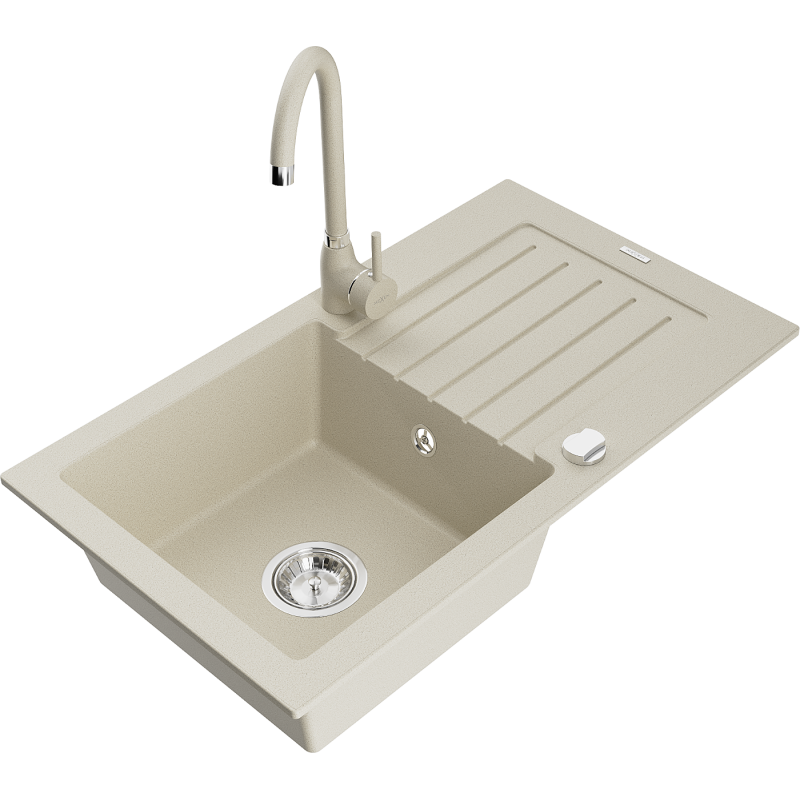 Mexen Pablo 1-bowl granite sink with drainer and Telma kitchen tap, beige - 6510-69-670200-69