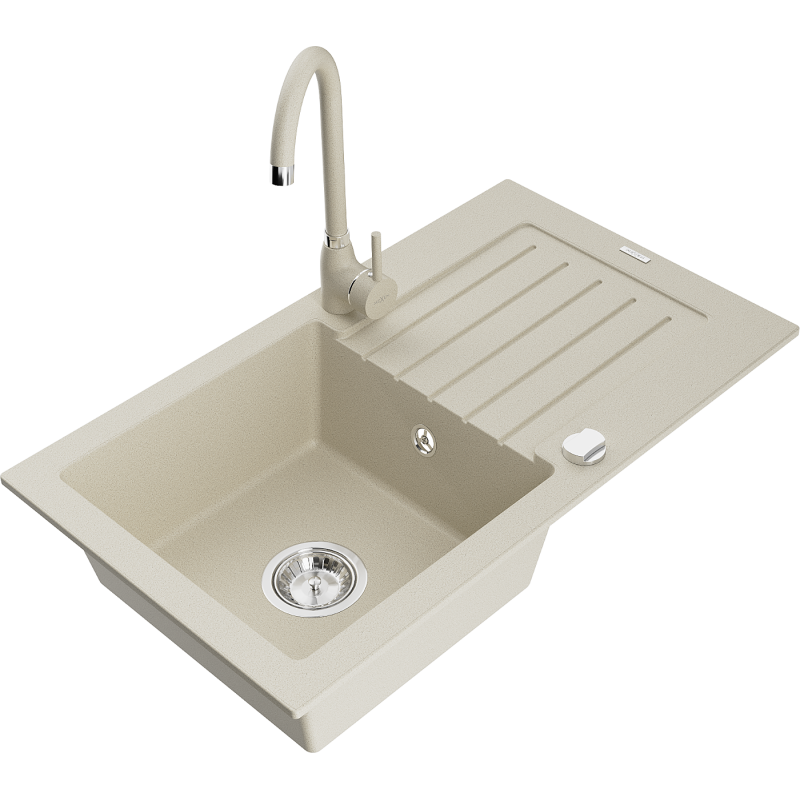 Mexen Pablo 1-compartment granite sink with a drip tray and kitchen mixer tap Telma, Beige - 6510-69-670200-69