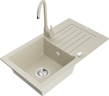Mexen Pablo granite kitchen sink 1-bowl with drainer and Telma kitchen faucet, beige - 6510-69-670200-69