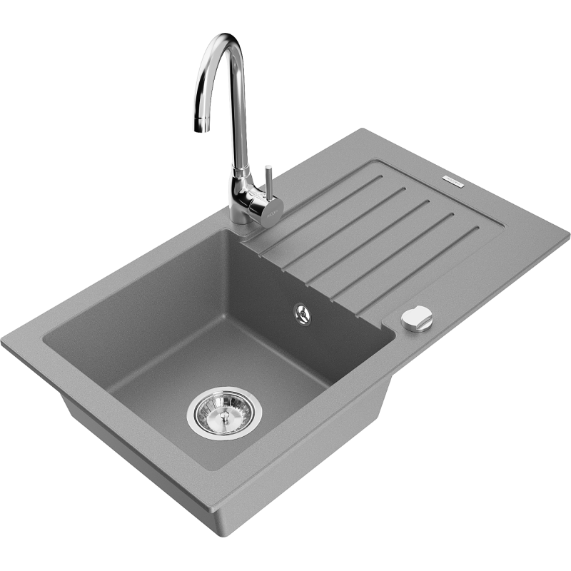 Mexen Pablo granite kitchen sink 1-bowl with drainer and Telma faucet, gray - 6510-71-670200-00