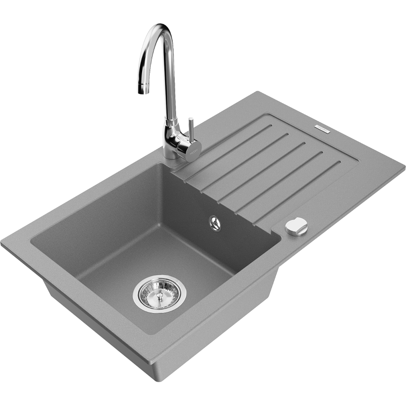 Mexen Pablo granite kitchen sink 1-bowl with drainer and Telma kitchen tap, grey - 6510-71-670200-00