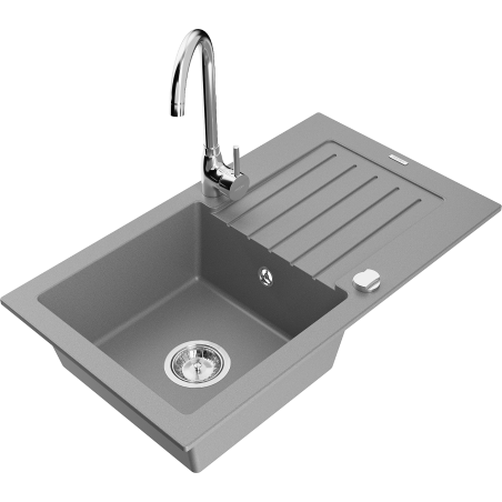 Mexen Pablo granite kitchen sink 1-bowl with drainer and Telma faucet, gray - 6510-71-670200-00