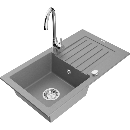 Mexen Pablo granite kitchen sink 1-bowl with drainer and Telma kitchen tap, grey - 6510-71-670200-00