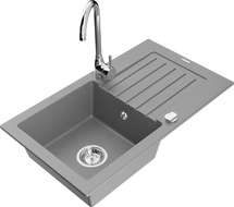 Mexen Pablo 1-compartment granite sink with a drip tray and kitchen mixer tap Telma, Grey - 6510-71-670200-00
