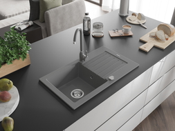 Mexen Pablo granite kitchen sink single basin with drainer and Telma faucet, gray - 6510-71-670200-71