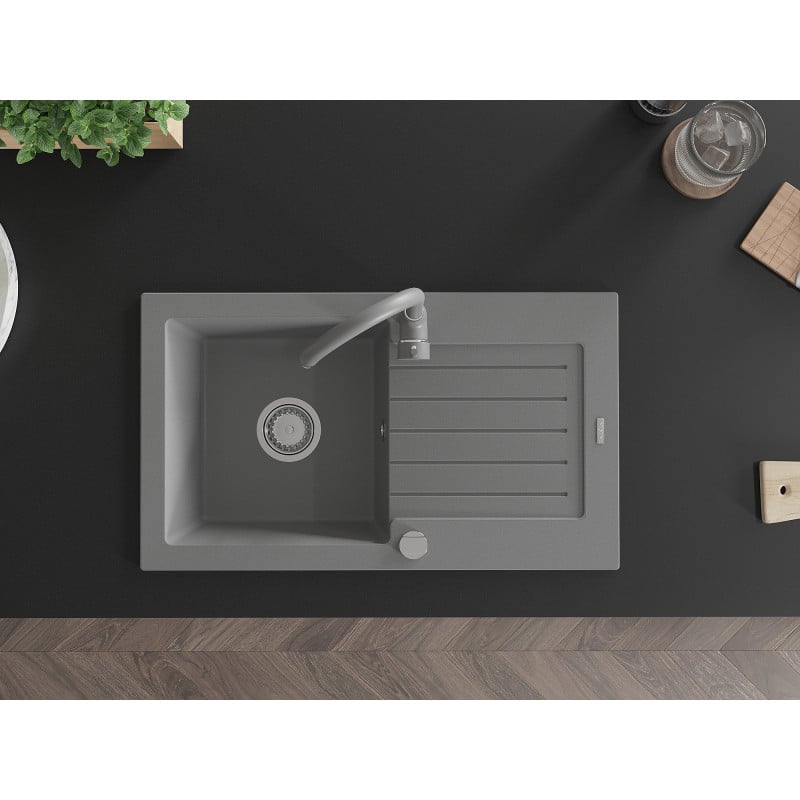 Mexen Pablo granite kitchen sink single basin with drainer and Telma faucet, gray - 6510-71-670200-71