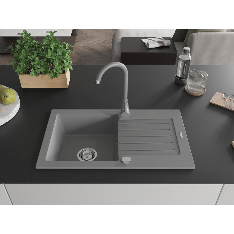 Mexen Pablo granite kitchen sink single basin with drainer and Telma faucet, gray - 6510-71-670200-71