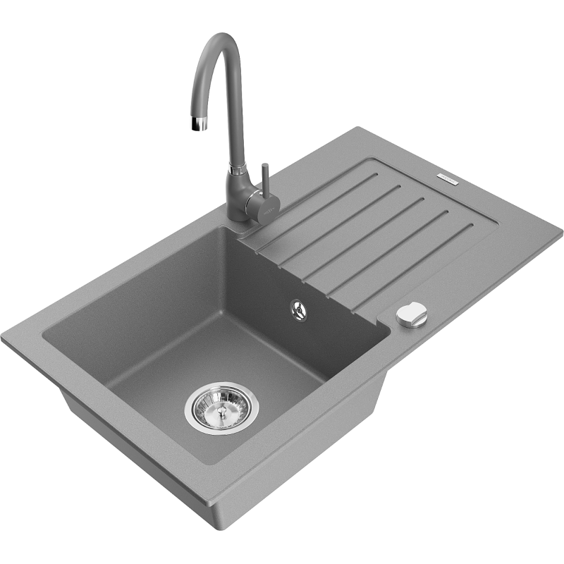 Mexen Pablo granite kitchen sink single basin with drainer and Telma faucet, gray - 6510-71-670200-71